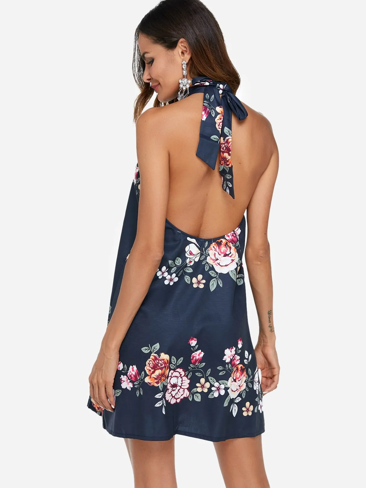 Wholesale Navy Halter Sleeveless Floral Print Backless Self-Tie Dresses