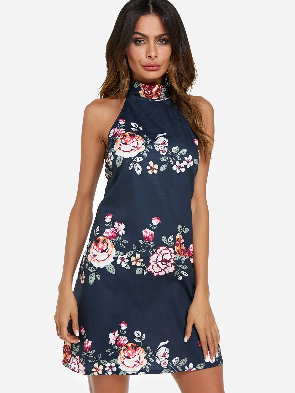 Wholesale Navy Halter Sleeveless Floral Print Backless Self-Tie Dresses