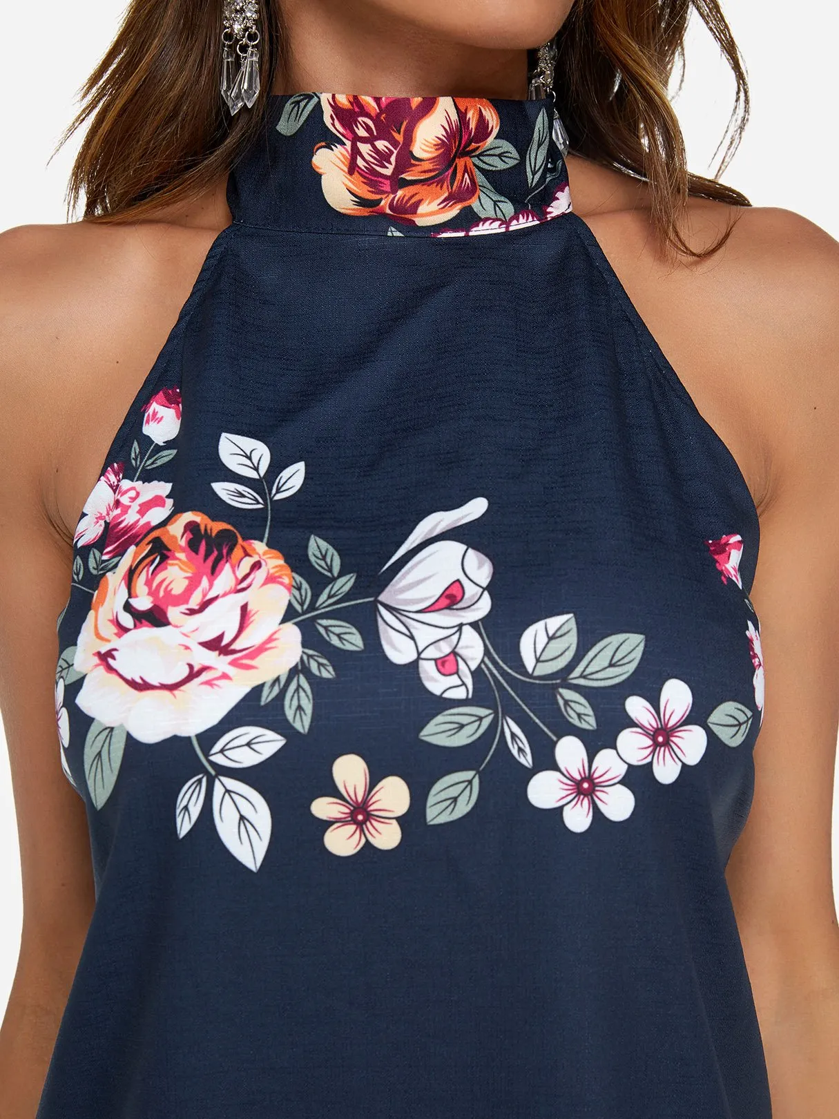 Wholesale Navy Halter Sleeveless Floral Print Backless Self-Tie Dresses