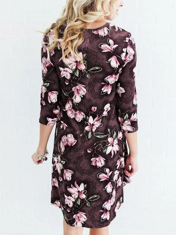 Wholesale Round Neck Floral Print 3/4 Length Sleeve Curved Hem Coffee Dresses