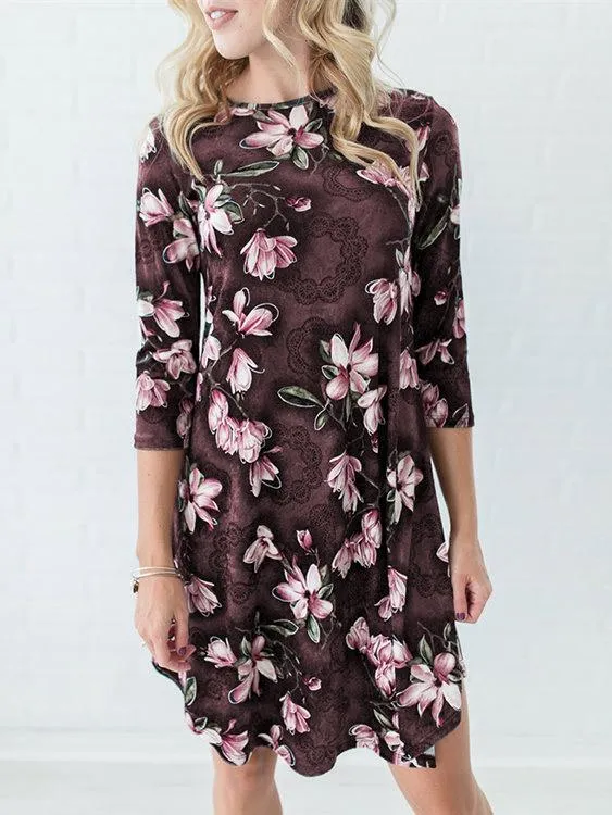 Wholesale Round Neck Floral Print 3/4 Length Sleeve Curved Hem Coffee Dresses