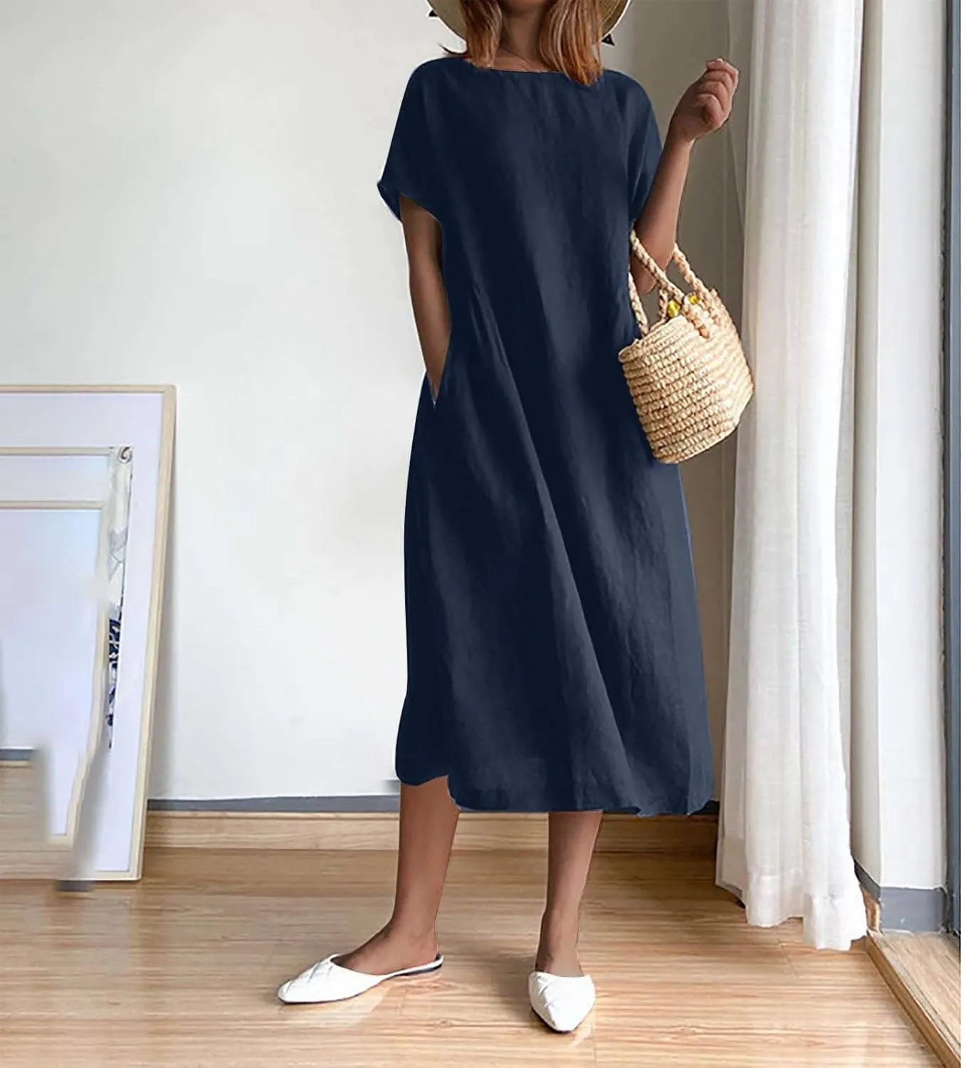 Womens Cotton Linen Maxi Dresses Summer Flowy Dress Trendy Spring Coverup Clothes Oversized Baggy Casual Fall Clothes