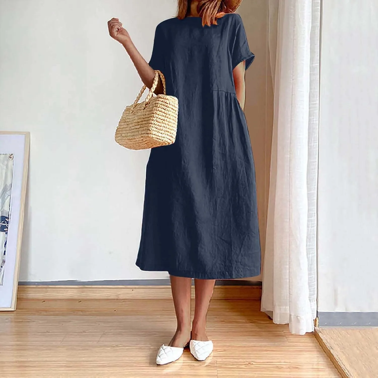 Womens Cotton Linen Maxi Dresses Summer Flowy Dress Trendy Spring Coverup Clothes Oversized Baggy Casual Fall Clothes