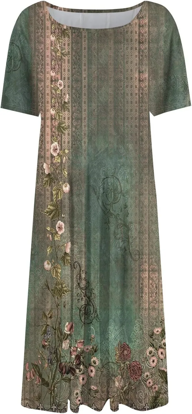 Womens Cotton Linen Sleeveless Beach Dresses Round Neck Dresses Elegant Pleated with Side Floral Short Sleeve Wrap
