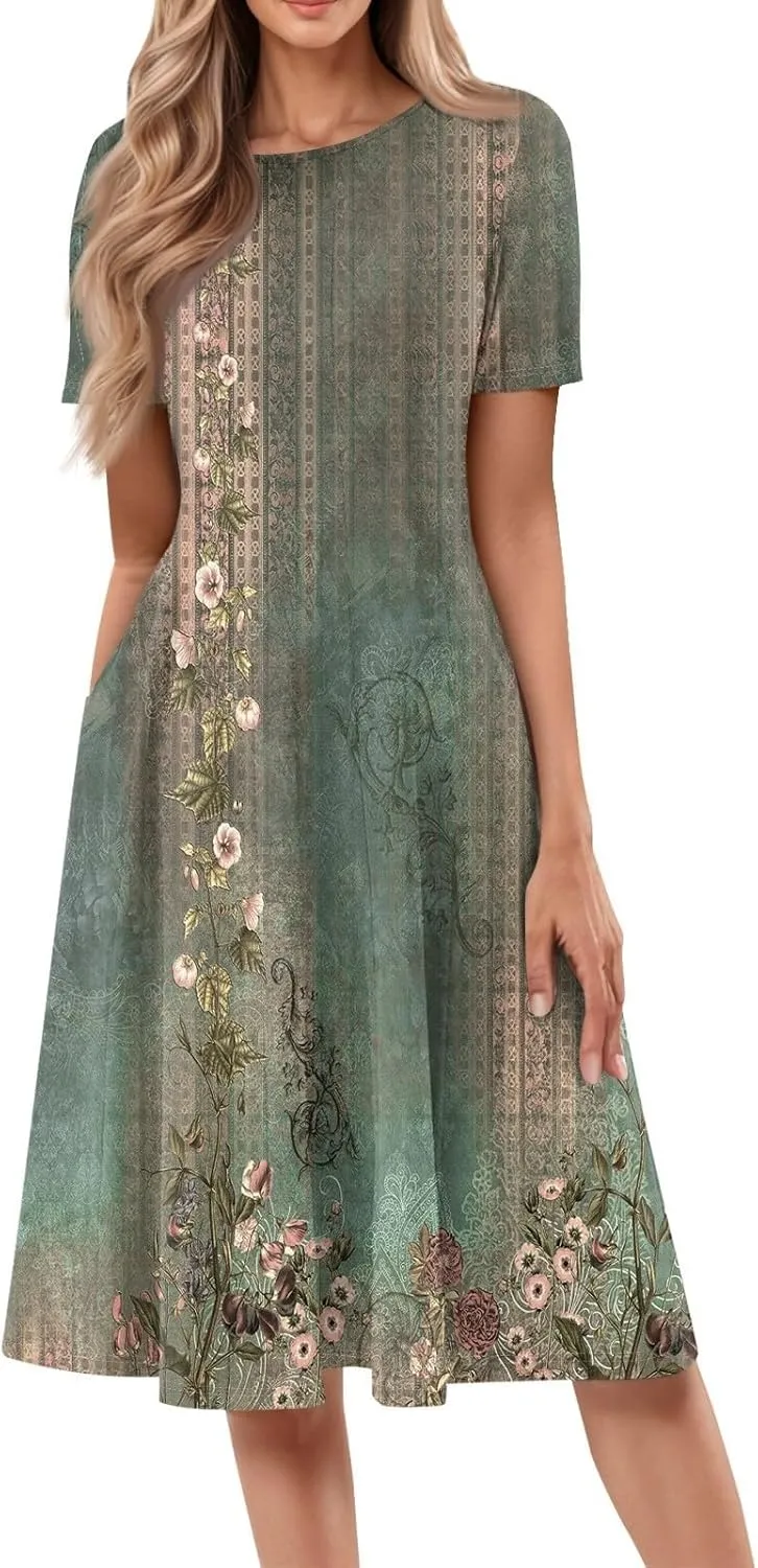 Womens Cotton Linen Sleeveless Beach Dresses Round Neck Dresses Elegant Pleated with Side Floral Short Sleeve Wrap