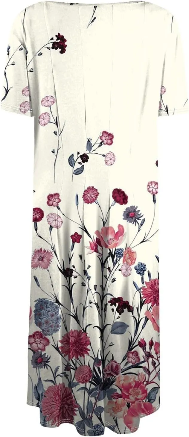 Womens Cotton Linen Sleeveless Beach Dresses Round Neck Dresses Elegant Pleated with Side Floral Short Sleeve Wrap