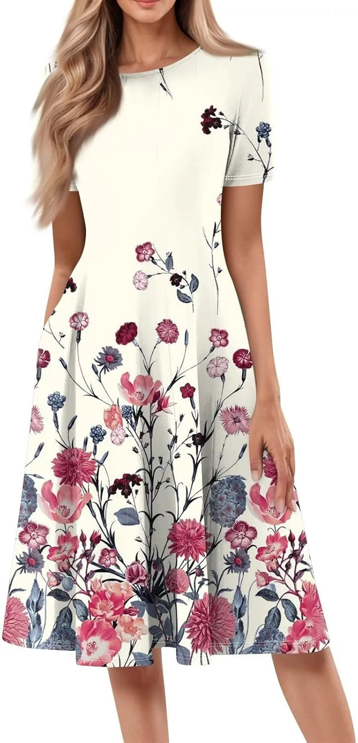 Womens Cotton Linen Sleeveless Beach Dresses Round Neck Dresses Elegant Pleated with Side Floral Short Sleeve Wrap