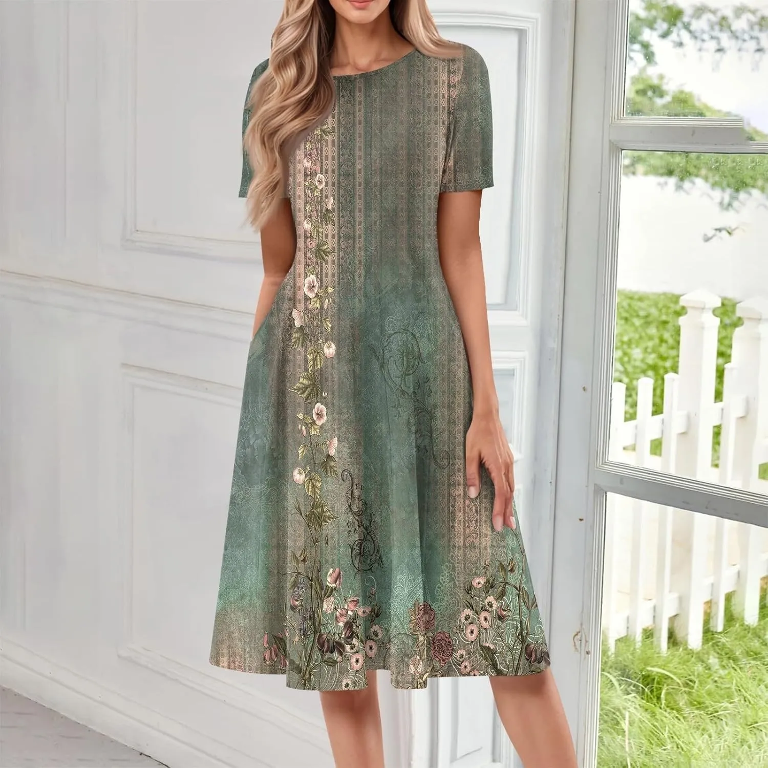 Womens Cotton Linen Sleeveless Beach Dresses Round Neck Dresses Elegant Pleated with Side Floral Short Sleeve Wrap