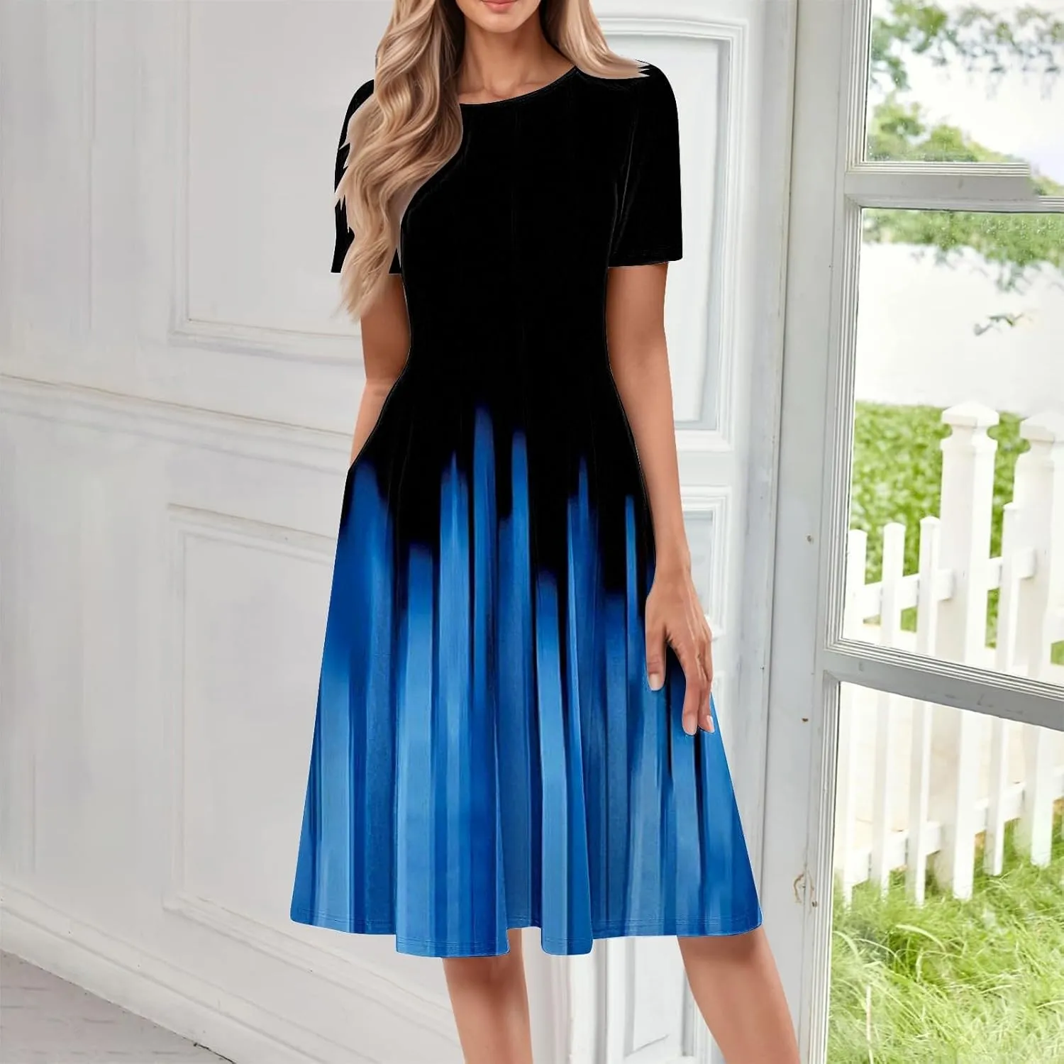 Womens Cotton Linen Sleeveless Beach Dresses Round Neck Dresses Elegant Pleated with Side Floral Short Sleeve Wrap