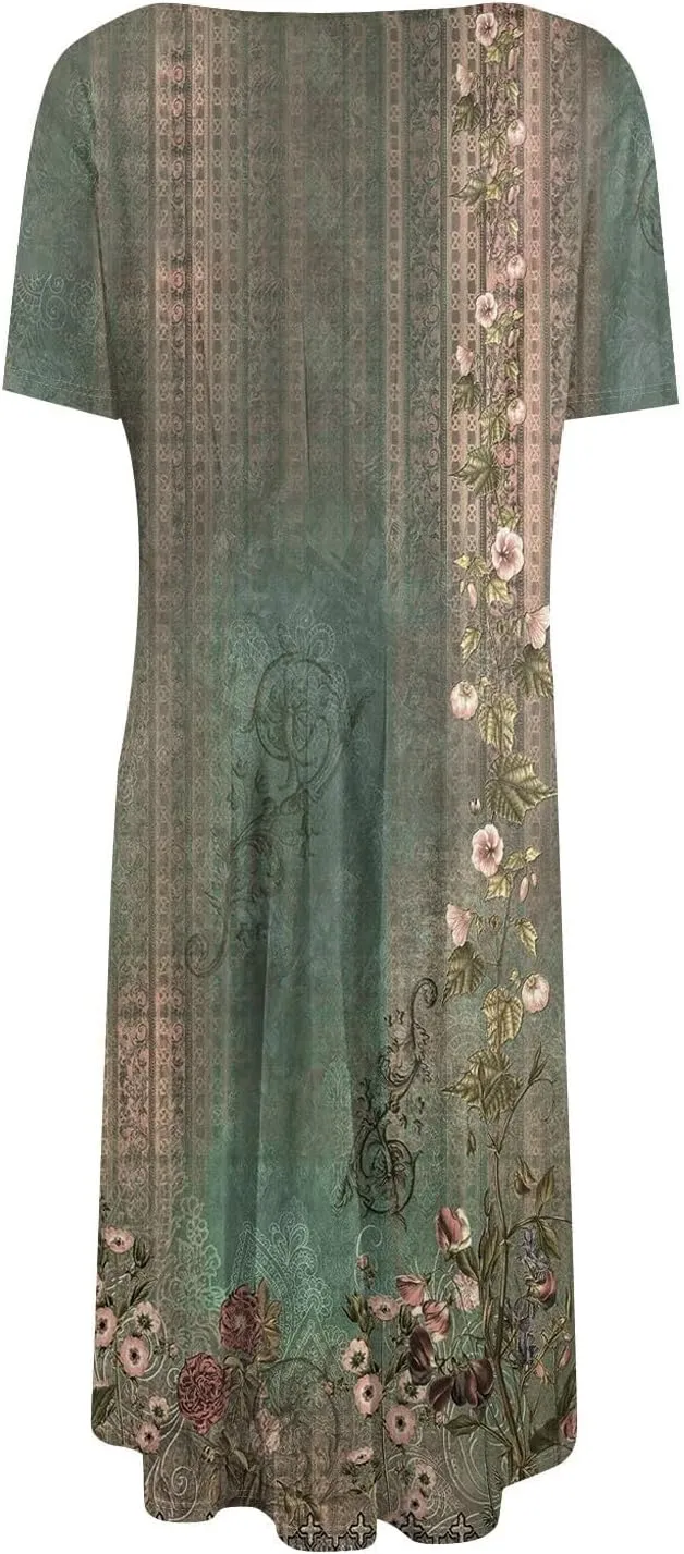 Womens Cotton Linen Sleeveless Beach Dresses Round Neck Dresses Elegant Pleated with Side Floral Short Sleeve Wrap