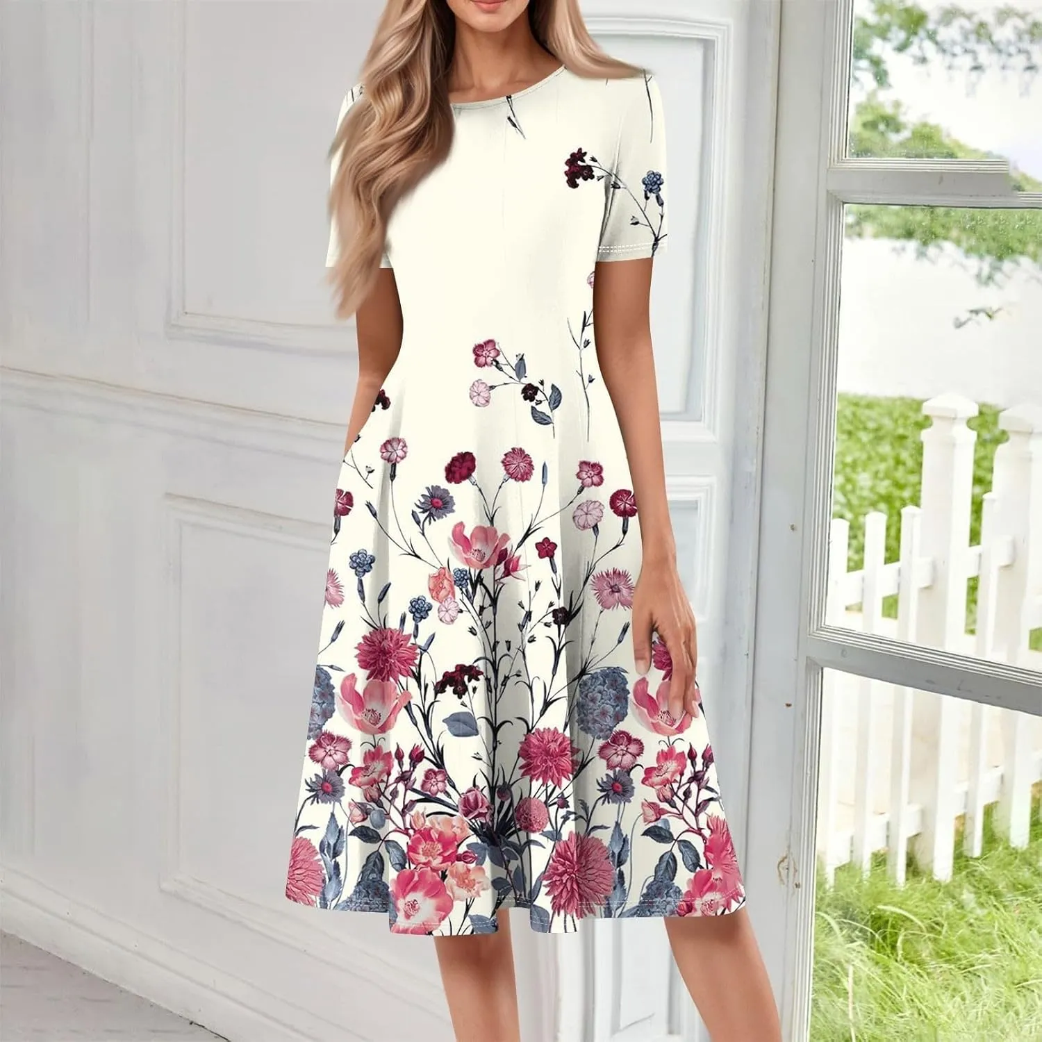 Womens Cotton Linen Sleeveless Beach Dresses Round Neck Dresses Elegant Pleated with Side Floral Short Sleeve Wrap