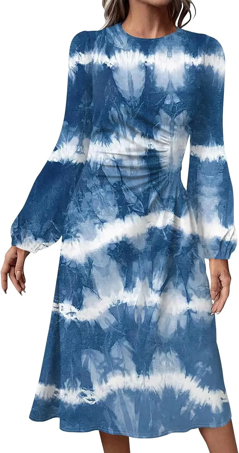 Womens Spring Dresses 2025 Long Sleeve Midi O Neck Work Modest Boho Casual Waist Fashion Dress