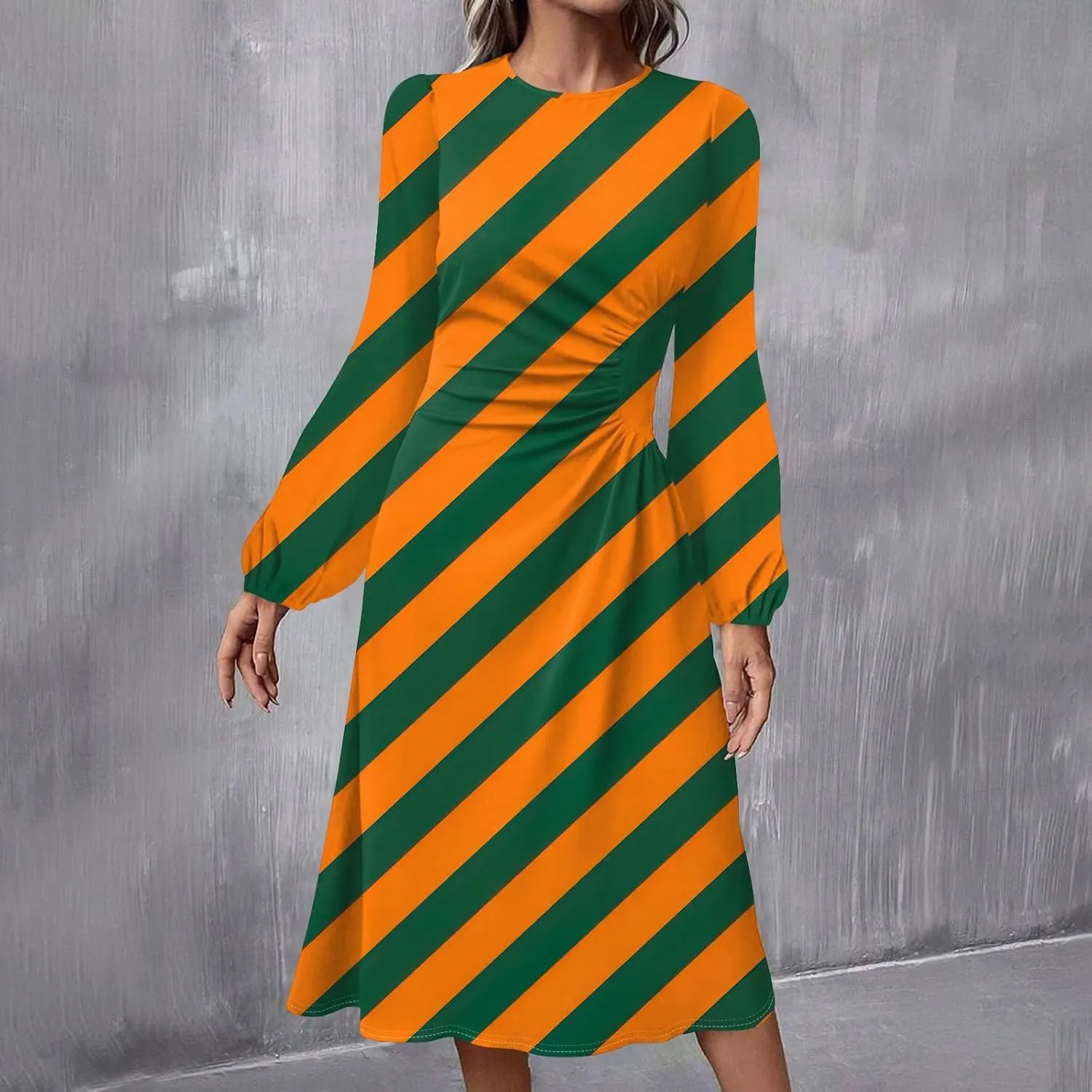 Womens Spring Dresses 2025 Long Sleeve Midi O Neck Work Modest Boho Casual Waist Fashion Dress