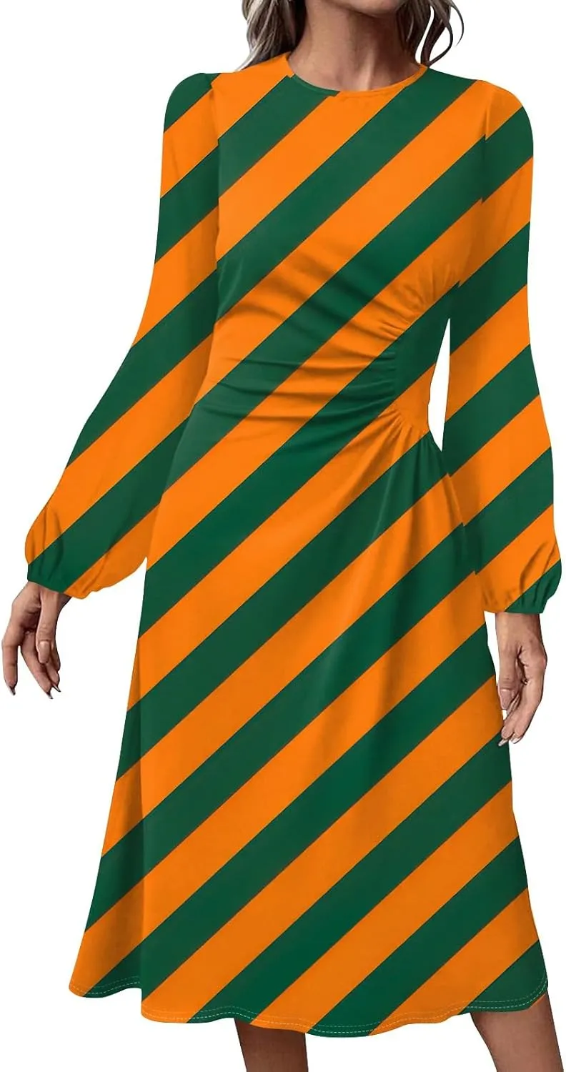 Womens Spring Dresses 2025 Long Sleeve Midi O Neck Work Modest Boho Casual Waist Fashion Dress
