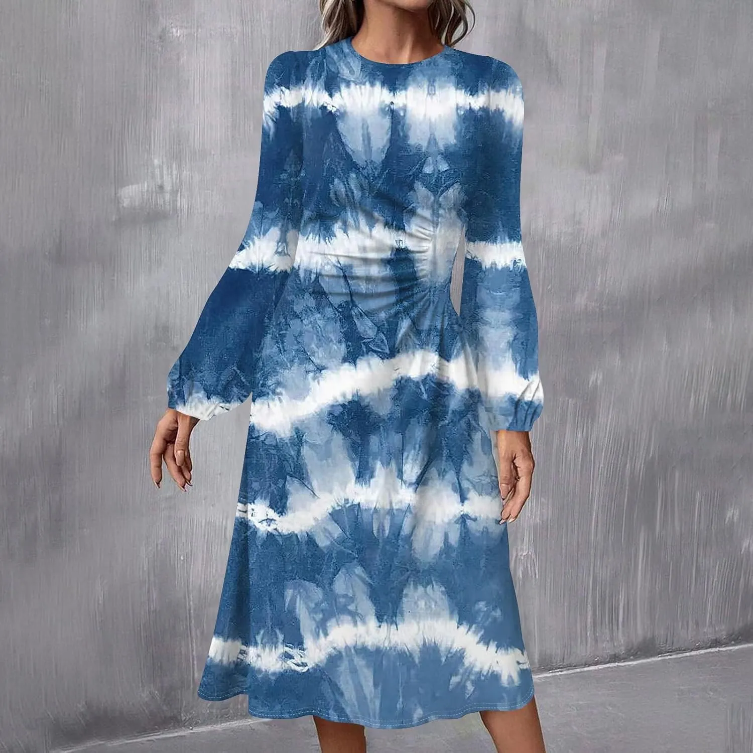 Womens Spring Dresses 2025 Long Sleeve Midi O Neck Work Modest Boho Casual Waist Fashion Dress