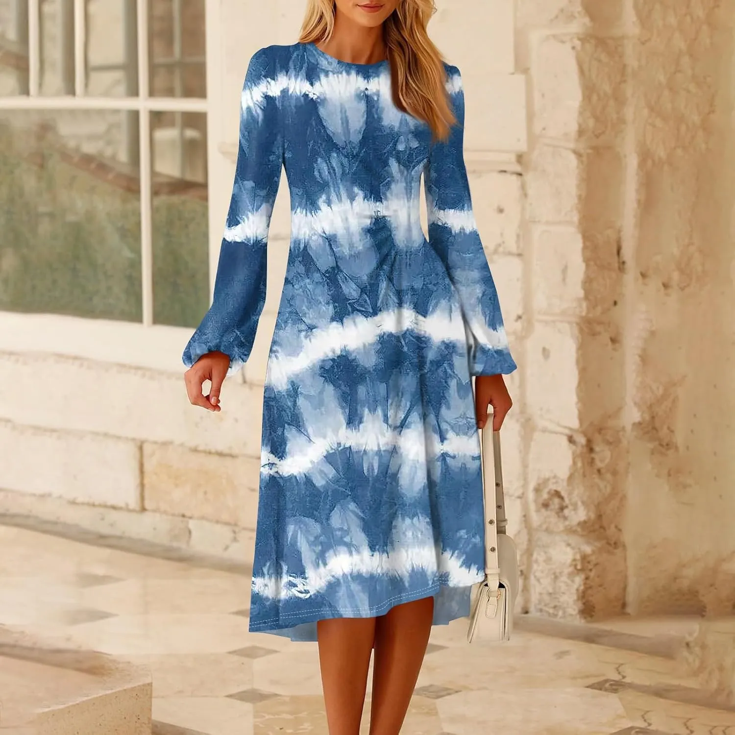 Womens Spring Dresses 2025 Long Sleeve Midi O Neck Work Modest Boho Casual Waist Fashion Dress