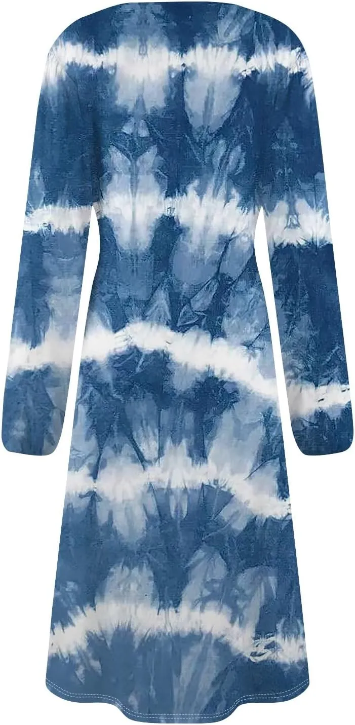 Womens Spring Dresses 2025 Long Sleeve Midi O Neck Work Modest Boho Casual Waist Fashion Dress