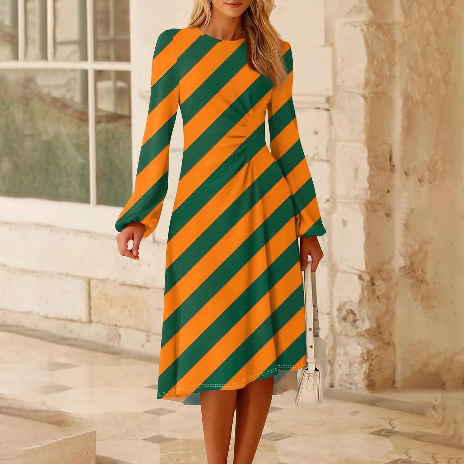 Womens Spring Dresses 2025 Long Sleeve Midi O Neck Work Modest Boho Casual Waist Fashion Dress