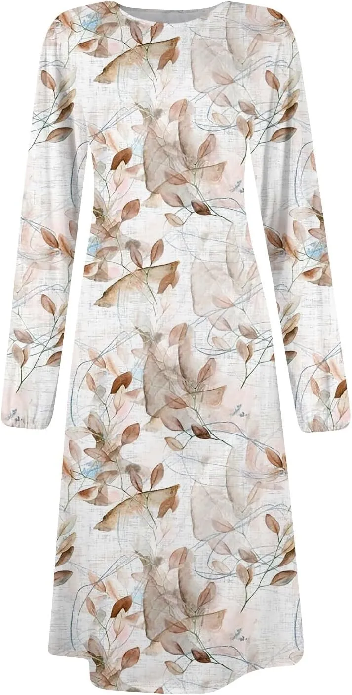 Womens Spring Dresses 2025 O Neck Midi Long Sleeve Tea Length Flowy Work Vacation Cruise Fashion Dress