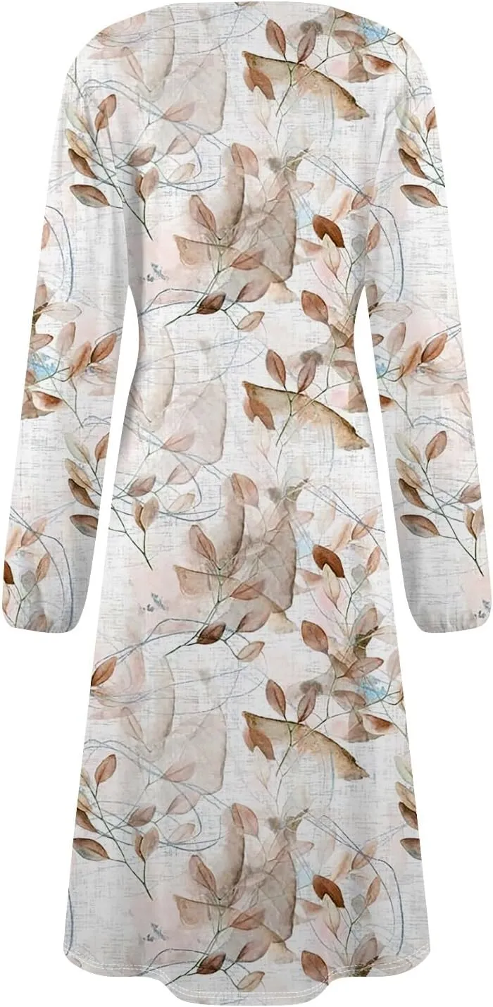 Womens Spring Dresses 2025 O Neck Midi Long Sleeve Tea Length Flowy Work Vacation Cruise Fashion Dress