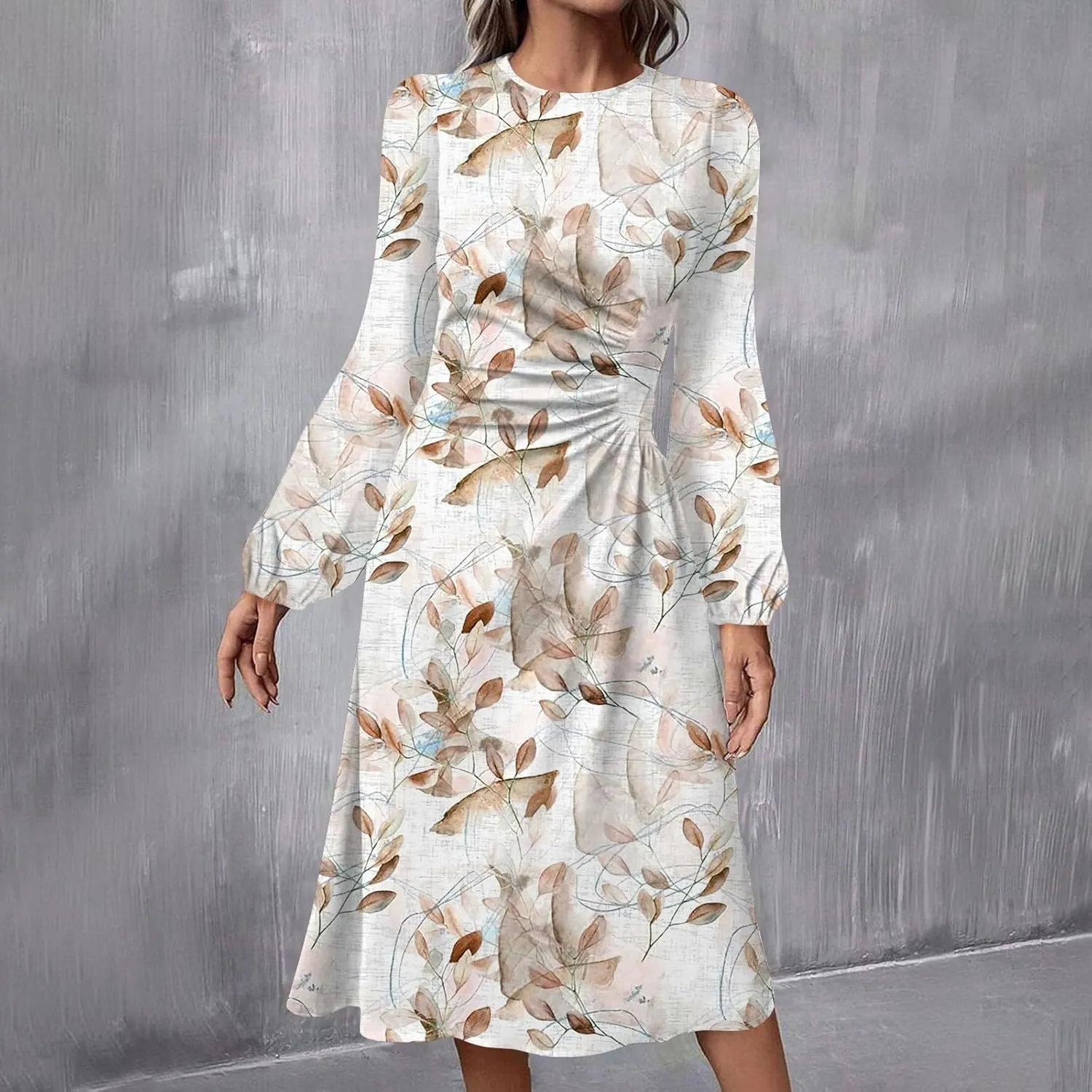 Womens Spring Dresses 2025 O Neck Midi Long Sleeve Tea Length Flowy Work Vacation Cruise Fashion Dress