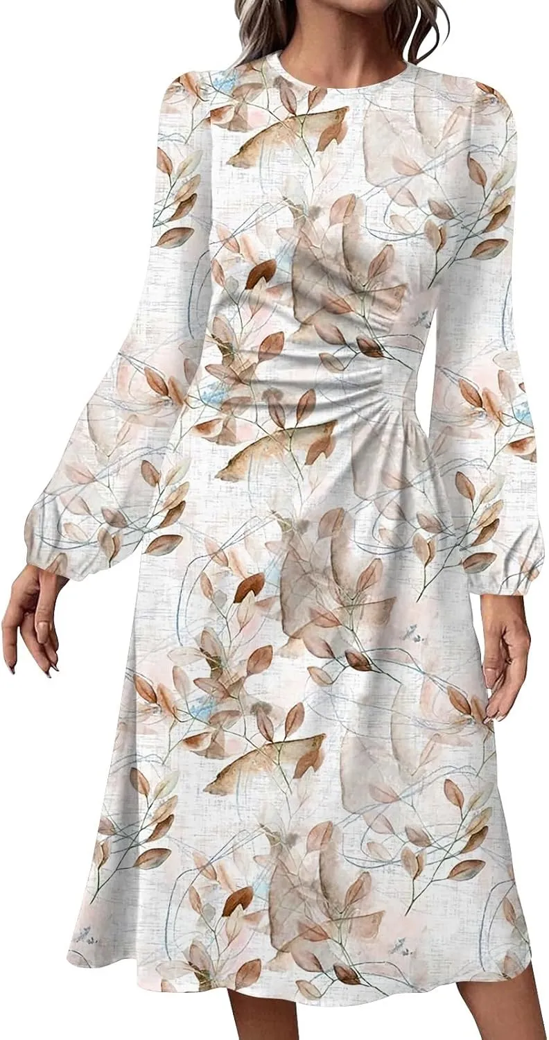Womens Spring Dresses 2025 O Neck Midi Long Sleeve Tea Length Flowy Work Vacation Cruise Fashion Dress