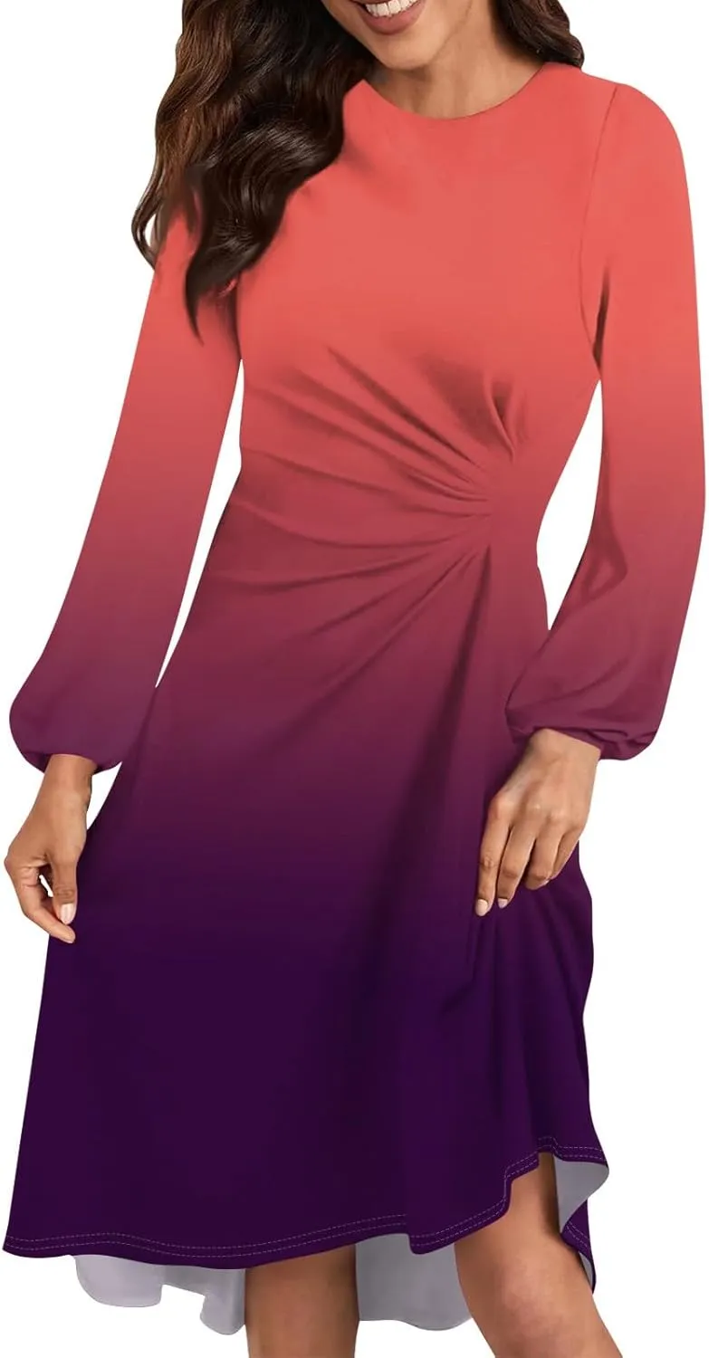 Womens Spring Fashion 2025 Dress Midi O Neck Long Sleeve Elegant Ladies Teens Casual Curvy Dressy Dress